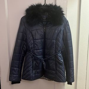 Nicole by Nicole Miller Blue Fur Puffer w/ Tie